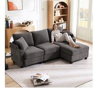 Canapé d'angle convertible - Gris foncé - Velours côtelé - 213 5x139x87 cm - Convertible 3 places - Repose-pieds mobile