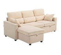 HOMCOM Canapé d'angle Convertible réversible en Velours côtelé, canapé-lit 3 Places 205 cm avec Chaise Longue, Espace de Rangement cachée, Coussins Inclus, pour Salon, Bureau, Appartement, Beige