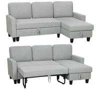 HOMCOM Canapé d'angle convertible réversible, canapé-lit 3 places 197 cm, méridienne, coffre de rangement, coussins lavables, tissu aspect lin, sofa moderne pour salon, bureau, appartement, gris clair