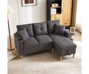 Canapé d'angle convertible - OEM - 3 places - Gris - Espace rangement - 2 coussins