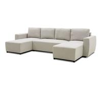 Canapé d'angle convertible panoramique PHARELL 5/6 places - Tissu beige - Coffre de rangement - L297 x P155 x H85 cm