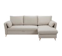 Canapé d'angle convertible réversible avec coffre 3-4 places en tissu beige et bois clair DRISS