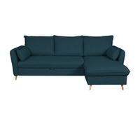 Canapé d'angle convertible réversible avec coffre 3-4 places en tissu bleu océan et bois clair DRISS