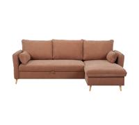 Canapé d'angle convertible réversible avec coffre 3-4 places en tissu effet velours terre brûlée et bois clair DRISS