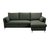 Canapé d'angle convertible réversible avec coffre 3-4 places en tissu vert kaki et bois clair DRISS