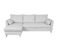 Canapé d'angle convertible réversible avec coffre 3-4 places en tissu gris clair et bois clair DRISS