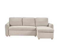 Canapé d'angle convertible réversible avec coffre 3 places en tissu chenille beige et bois clair ORSO