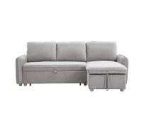 Canapé d'angle convertible réversible avec coffre 3 places en tissu chenille gris et bois clair ORSO
