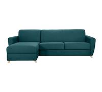 Canapé d'angle convertible réversible avec coffre 4 places en tissu bleu canard et bois clair GRAHAM
