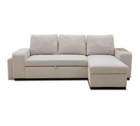 Canapé d'angle convertible réversible VALDO 3 à 4 places - Tissu Beige - Tablette avec USB - Coffre + Pouf - L247xP143xH86 cm