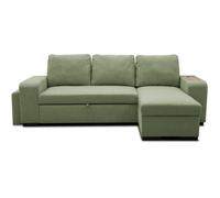 Canapé d'angle convertible réversible VALDO 3 à 4 places - Tissu Neve Sauge - Tablette avec USB - Coffre + Pouf - L247xP143xH86 cm