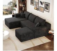 Canapé d'angle convertible U 239 cm compressé, méridienne L, 1 pouf,5 places assise profonde,pour grand salon, Noir, angle à CANAPE