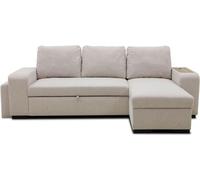 Canapé d'angle convertible VALDO, Réversible, Tissu Beige, Tablette USB, Coffre, Pouf, 4 places, L247 cm