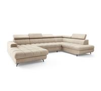 Canapé d'angle CORENO, Canape Convertible - Droit - U - 6 places - 345x190x88 cm - Tissu bouclette QUELLE 02 - Beige