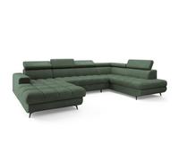 Canapé d'angle CORENO, Canape Convertible - Droit - U - 6 places - 345x190x88 cm - Tissu bouclette QUELLE 37 - Vert