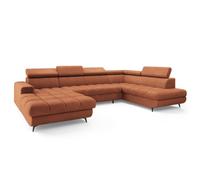 Canapé d'angle CORENO, Canape Convertible - Droit - U - 6 places - 345x190x88 cm - Tissu bouclette QUELLE 54 - Marron