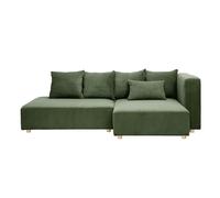 Canapé d'angle droit 3 places en tissu velours côtelé vert kaki et bois clair HARLEM