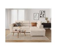 Canapé d'angle droit 4 places PAOLA convertible avec coffre en velours côtelé - Beige - L252 x P188 x H76cm - LOUNGITUDE