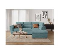 Canapé d'angle droit 4 places PAOLA convertible avec coffre en velours côtelé - Bleu clair - L252 x P188 x H76cm - LOUNGITUDE