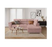 Canapé d'angle droit 4 places PAOLA convertible avec coffre en velours côtelé - Rose - L252 x P188 x H76cm - LOUNGITUDE