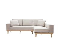 Canapé d'angle droit 5 places avec rangements en tissu effet velours texturé beige et bois clair KOMAO