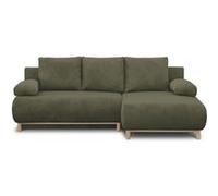 Canapé d'angle droit convertible - 3 places - MIKA - Tissu velours côtelé vert kaki - Coffre de rangement - 192 x 84 x 93 cm