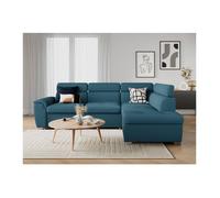 Canapé d'angle droit convertible PAOLA 4 places avec coffre en tissu - Bleu - L261 x P198 x H80cm - LOUNGITUDE