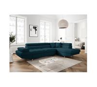 Canapé d'angle droit convertible RIO Scandinave avec coffre en tissu - Bleu, Pieds bois - L271 x P192 x H70cm - LOUNGITUDE