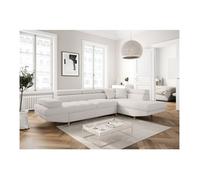 Canapé d'angle droit convertible RIO Scandinave avec coffre en tissu bouclette - Blanc, Pied bois - L271 x P192 x H70cm - LOUNGITUDE