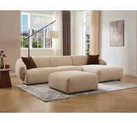 Canapé d'angle droit et pouf en tissu texturé beige MIBASTO