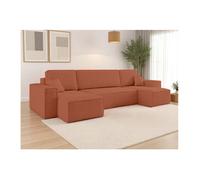 Canapé d'angle FARAH panoramique convertible 6 places en tissu bouclette - Terracotta