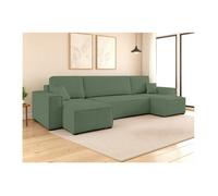 Canapé d'angle FARAH panoramique convertible 6 places en tissu bouclette - Vert foncé
