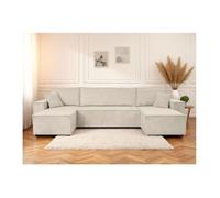 Canapé d'angle FARAH panoramique convertible 6 places en velours cotelé - Beige