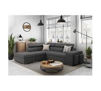 LOUNGITUDE - SOAN - Canapé d'angle Gauche- Convertible - 5 Places - Têtières - Poufs - en Tissu - Gris foncé - L262cm