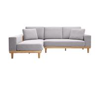 Canapé d'angle gauche 5 places avec rangements en tissu effet velours texturé gris clair et bois clair KOMAO