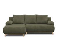 Canapé d'angle gauche convertible - 3 places - MIKA - Tissu velours côtelé vert kaki - Coffre de rangement - 192 x 84 x 93 cm