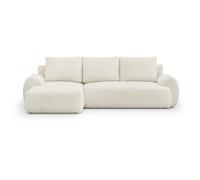Canapé d'angle gauche convertible 4/5 places MILO - Tissu bouclette beige clair - Coffre de rangement - L 264 x H 84 x P 99/145 cm
