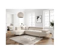 Canapé d'angle gauche convertible RIO Scandinave avec coffre en tissu - Beige, Pieds bois - L271 x P192 x H70cm - LOUNGITUDE
