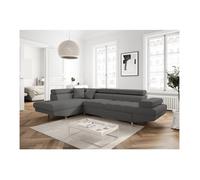 Canapé d'angle gauche convertible RIO Scandinave avec coffre en tissu - Gris foncé, Pieds bois - L271 x P192 x H70cm - LOUNGITUDE