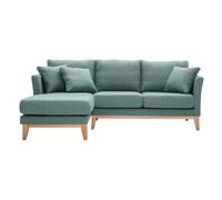 Canapé d'angle gauche déhoussable scandinave en tissu vert de gris et bois clair 3-4 places OSLO