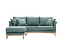 Canapé d'angle gauche déhoussable scandinave en tissu vert de gris et bois clair 3-4 places OSLO