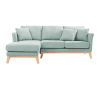 Canapé d'angle gauche déhoussable scandinave en tissu vert lagon et bois clair 3-4 places OSLO