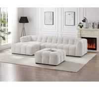 Canapé d'angle gauche et pouf en tissu chiné beige DILOME