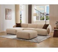 Canapé d'angle gauche et pouf en tissu texturé beige MIBASTO