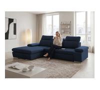 Canapé d'angle Gauche PABLO - 5 places - Convertible avec Coffre - Tissu Velours Mélangé - Bleu marine