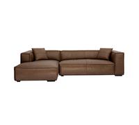 Canapé d'angle gauche vintage 4-5 places en cuir marron et bois noir COBAIN