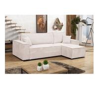 Canapé d'angle Hugo L avec fonction couchage et coffre de rangement, couleur : beige, tissu cordé, pouf universel