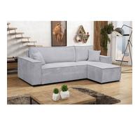Canapé d'angle Hugo L avec fonction couchage et coffre de rangement, couleur : gris clair, tissu cordé, ottomane universelle