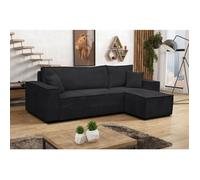 Canapé d'angle Hugo L avec fonction couchage et coffre de rangement, couleur : noir, tissu cordé, pouf universel