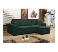 Canapé d'angle Hugo L avec fonction couchage et coffre de rangement, couleur : vert, tissu cordé, pouf universel